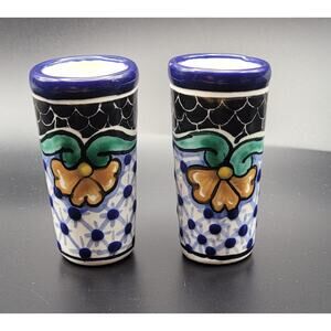 2 Hand Painted Blue Talavera Shot Glasses Yellow Floral Tequila Mexico
